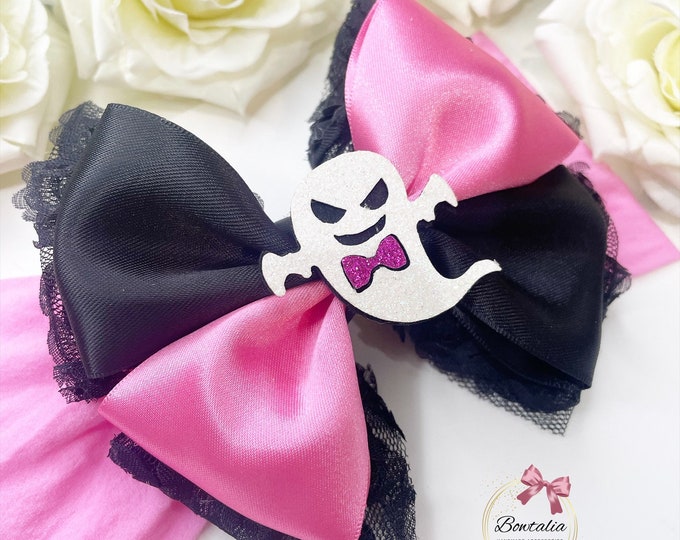 Halloween Ghost Hair Bow: Pink & Black Tulle Clip