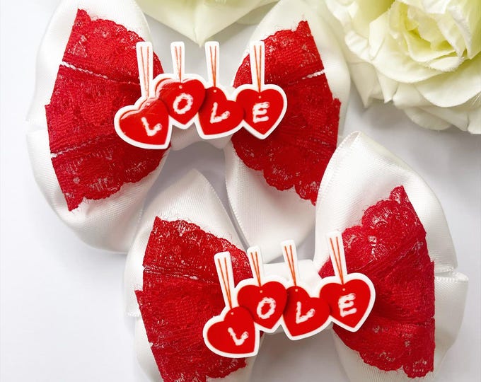 Valentines Day Piggies: Red & White Lace Bow Clips