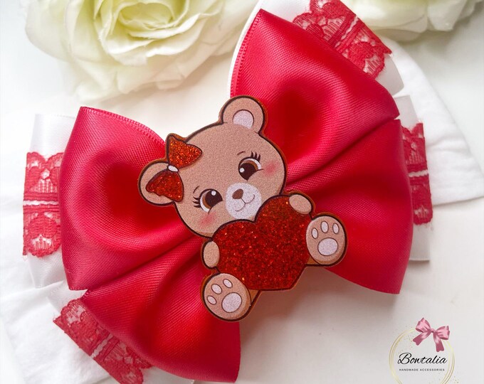 Valentines Baby Bow: Red Heart Bear, Lace Trim (Clip or Headband)