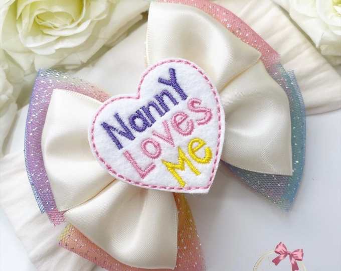 Rainbow Baby Bow Headband: 'Nanny Loves Me' Felt Center