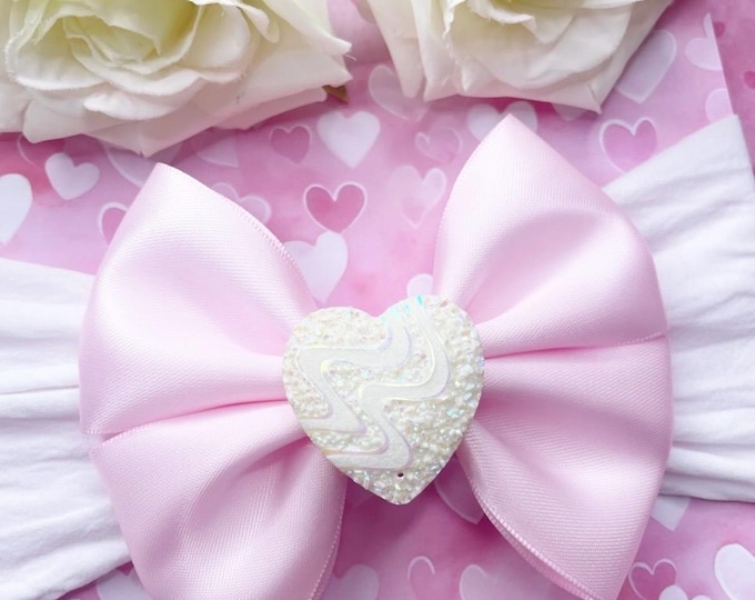 Valentines Hair Bow: Pink Ribbon, Heart Center, baby headbands