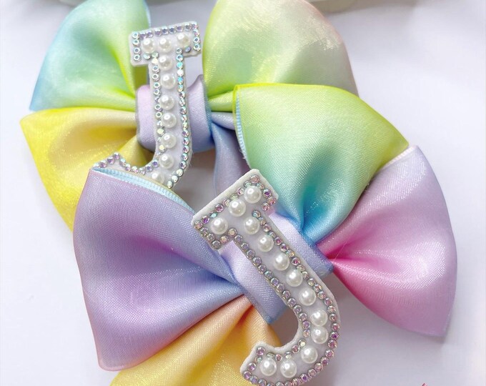 Personalized Rainbow Hair Bows: Pearl Initial Pigtail Clips (Set of 2)