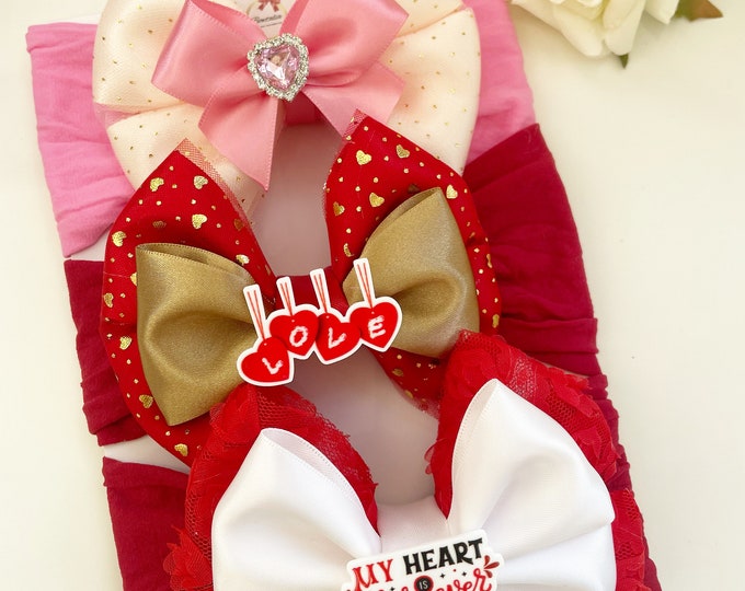 Valentines Baby Bow Headband Set: Red, Pink, and Gold