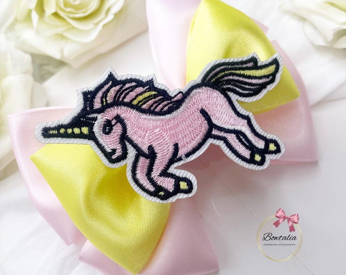 Unicorn Embroidered Baby Bow: Pink & Yellow Satin Headband