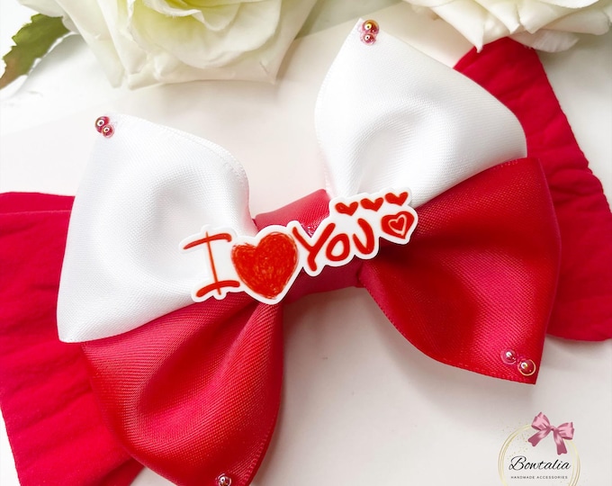 Valentines Baby Bow: Red & White 'I Heart You' Headband