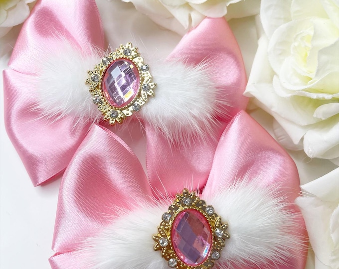 Pink Fluffy Bow Pigtail Clips: Christmas Reindeer Bows (Set of 2)