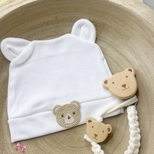 Newborn White Teddy Bear Hat & Pacifier Clip Set