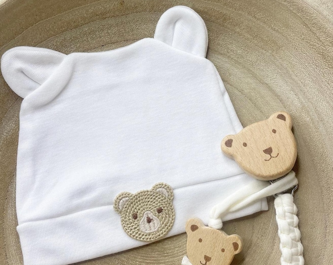 Newborn White Teddy Bear Hat & Pacifier Clip Set