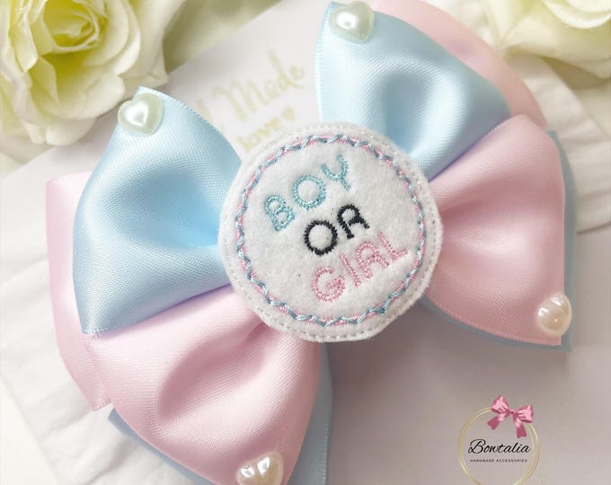 Gender Reveal Bow: Handmade Pink & Blue Baby Shower Hair Clip or Headband