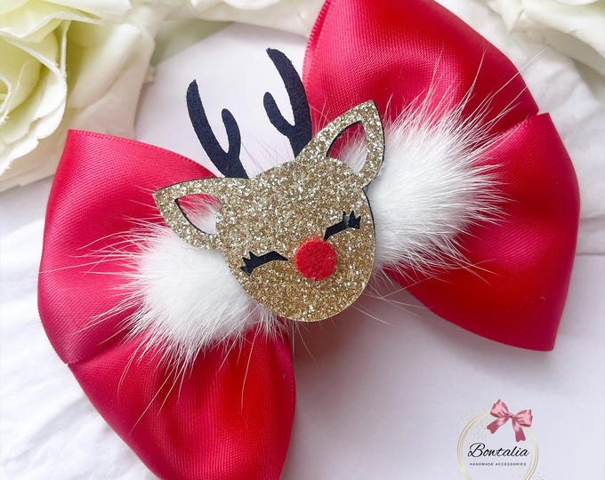 Glitter Reindeer Christmas Bow Headband: Festive Red Hair Bow
