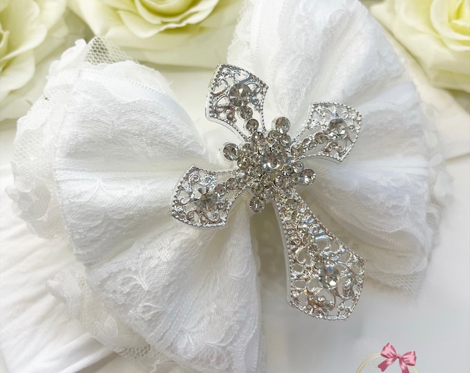 White Christening Headband: Silver Cross, Lace Bow