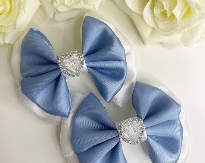 Heart Bow Hair Clips: Blue & White Pigtail Bows