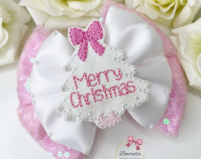 Christmas Tree Hair Bow: Pink Glitter Pigtail Clips