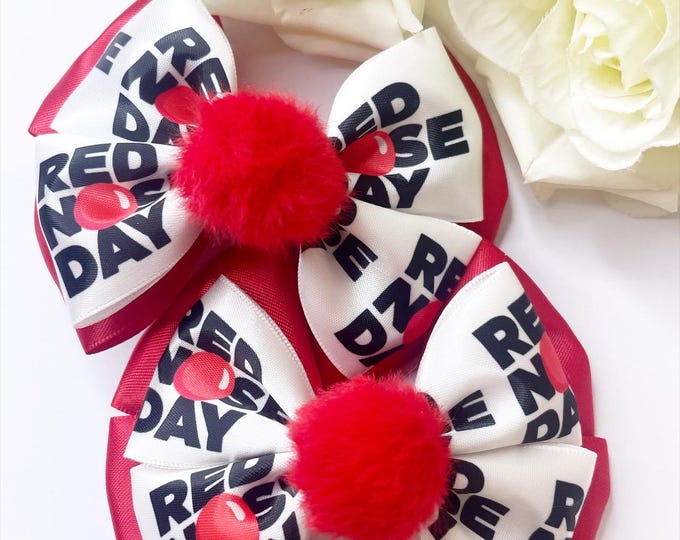 Red Nose Day Piggies: Pom Pom Hair Bow Clips