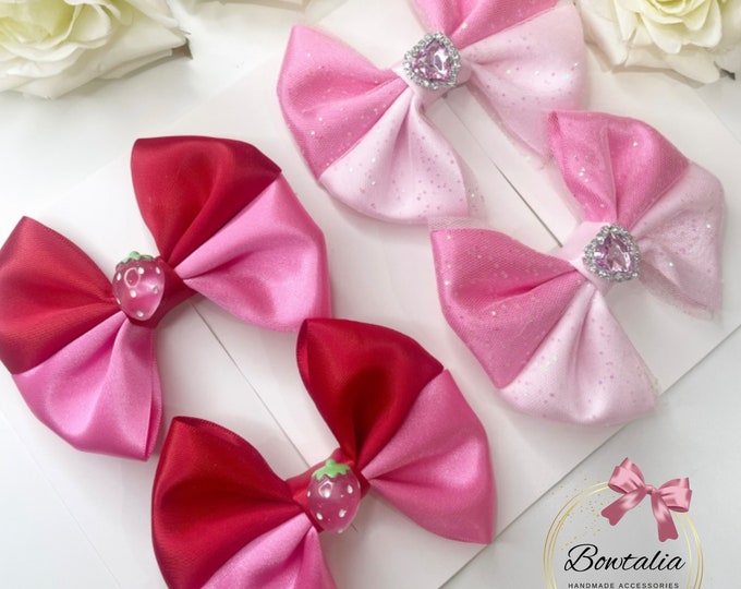 Girls Pigtail Hair Bows: Strawberry & Sparkle Clips