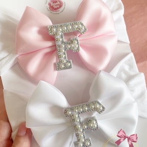 Personalised baby headbands Pearl initial headbands newborn accessories personalised baby bows baby shower gift pearl initial bows Light pink