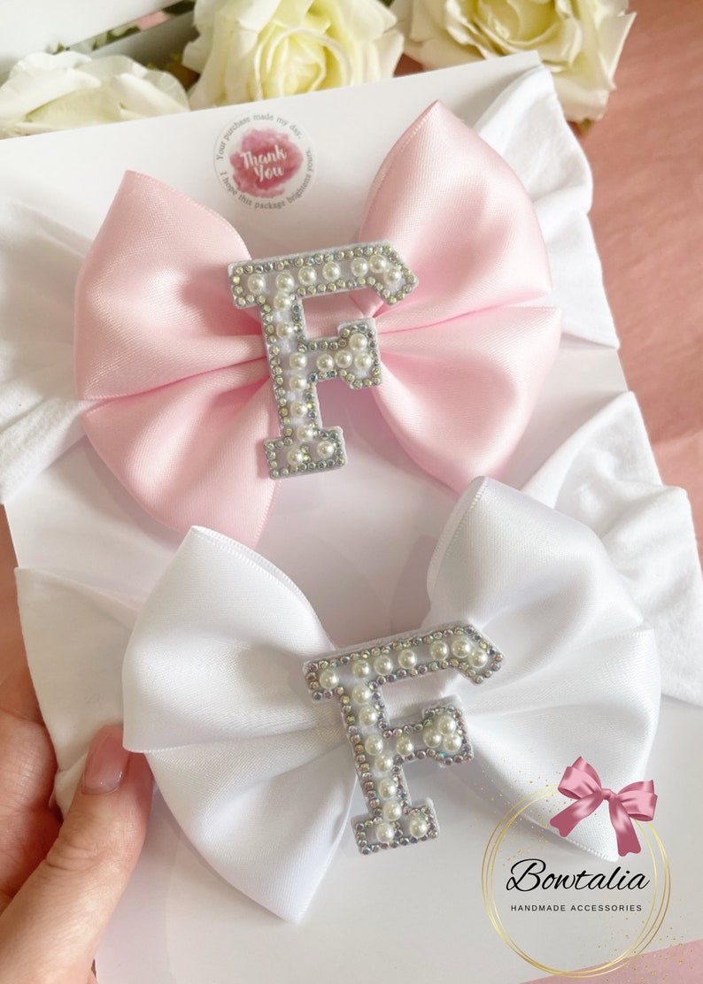 Personalised baby headbands Pearl initial headbands newborn accessories personalised baby bows baby shower gift pearl initial bows Light pink