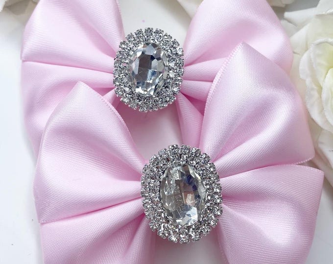 Pink Satin Pigtail Bows: Crystal Embellished Hair Clips