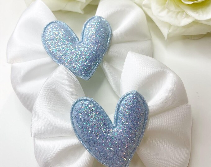 White Hair Bows with Glitter Blue Heart Clips - Piggies Set