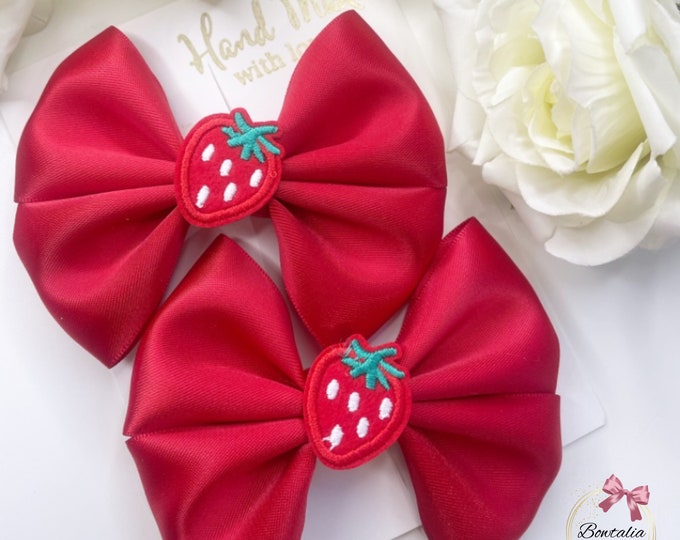 Red Strawberry Hair Bows: Matching Pigtail Clips