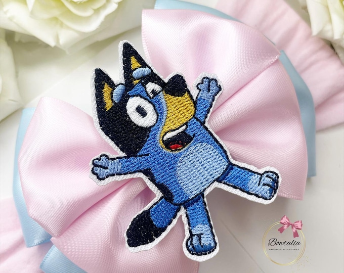 Character Embroidered Baby Bow: Pink & Blue Satin Hairband