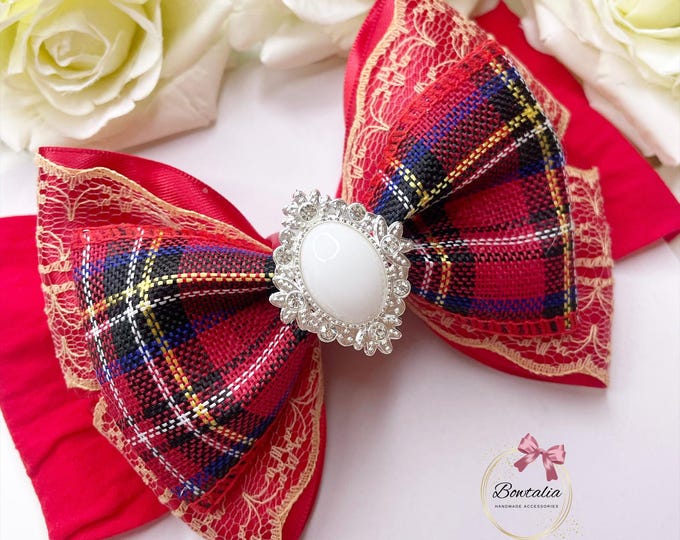 Valentines Tartan Hair Bow: Lace & Embellishment, Baby Headband