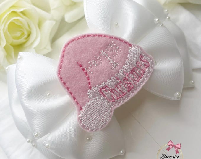 My First Christmas Bow: White Pearl Baby Headband