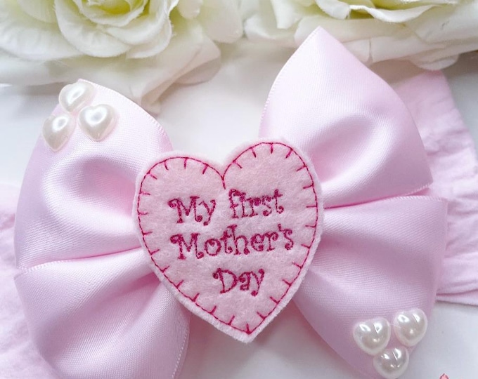 My First Mothers Day Bow: Pink Embroidered Heart Headband