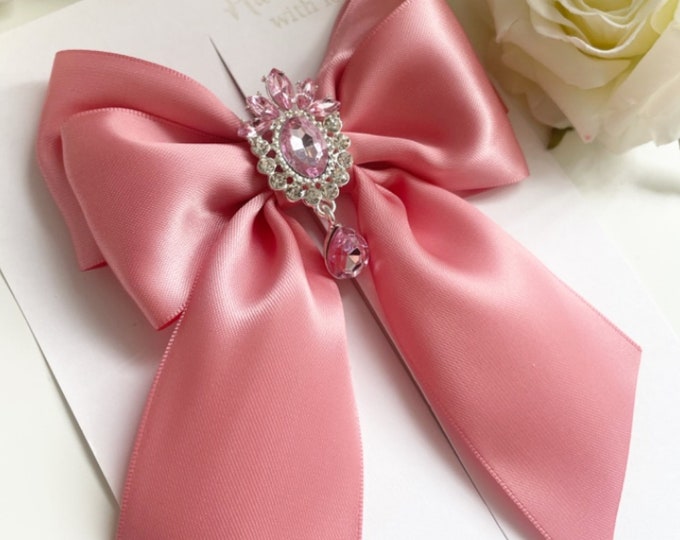 Pink Princess Hair Bow: Teardrop Jewel Clip