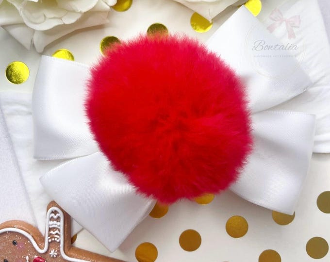 Christmas Baby Headband: Red Pom Pom, White Bow Hair Accessory