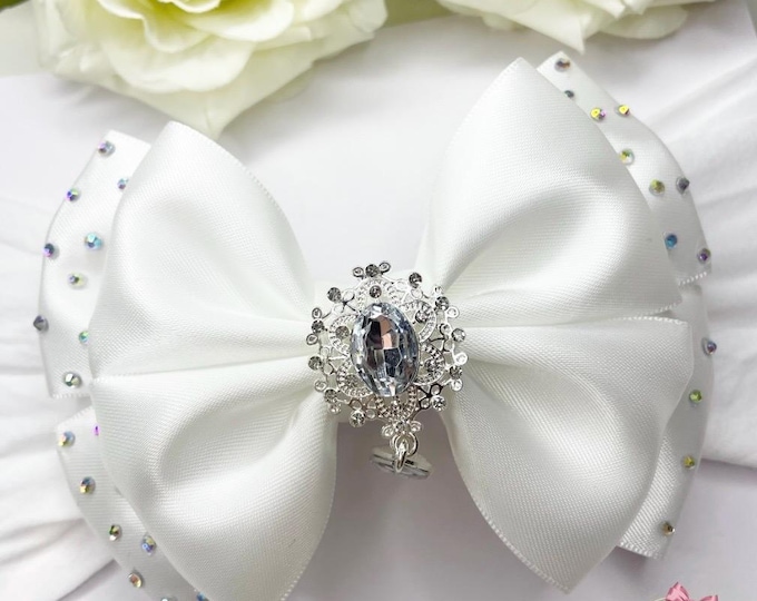 White Diamanté Baby Headband: Handmade Christening Bow