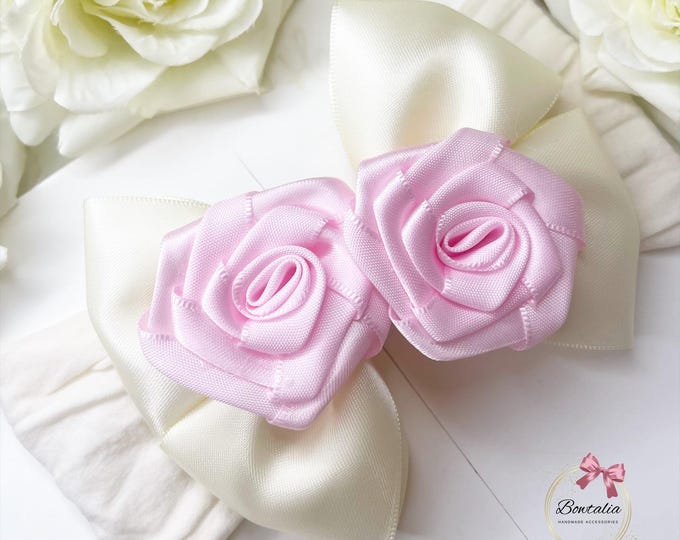 Baby Girl Cream Headband: Pink Rose Bow, Handmade Hair Accessory