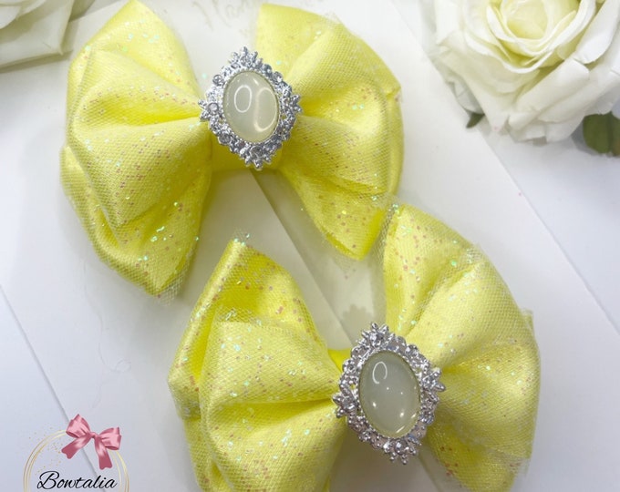 Yellow Glitter Pigtail Bow Clips: Lemon Embellishment (Set of 2)