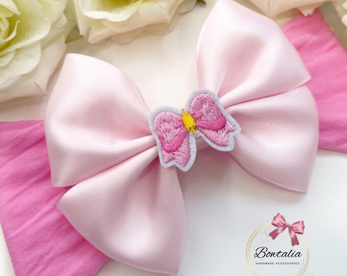 Pink Baby Bow Headband: Embroidered Center, Hair Clip