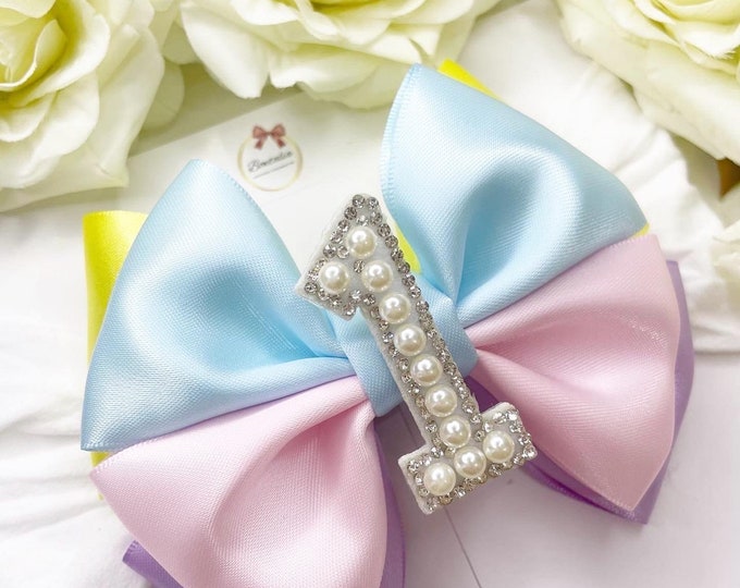 Baby Girl First Birthday Bow: Multicoloured Pearl Number Hair Clip or Headband