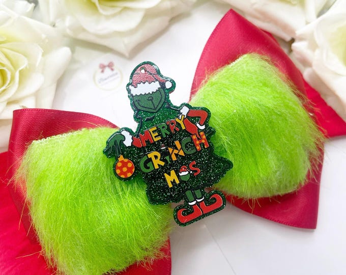 Grinch Christmas Hair Bow: Red & Green Holiday Headband