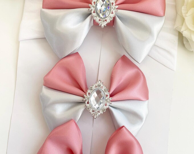 Sister Bow Set: Pink & Silver Birthday Hair Accessories