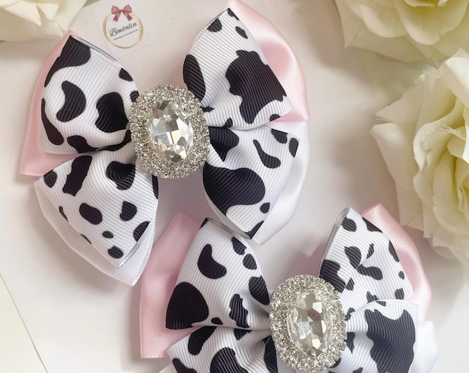 Cow Print Pigtail Bow Clips: Silver Embellishment, Hair Accessories (Set of 2)