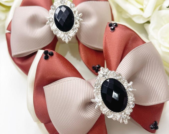 Pigtail Hair Bow Clips: Rusty Orange Satin Ribbon, Black Embellishment