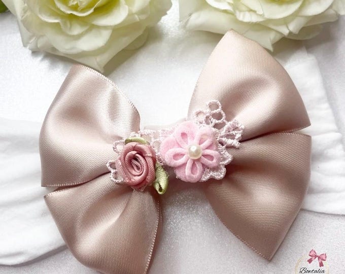 Baby Girl Headband: Nude flower Bow Hair Accessory, Hair accessories, Embroidery bows