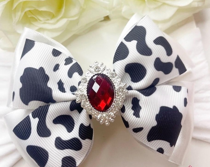 Cow Print Bow Headband: Rhinestone Jewel, Party Hair Bow