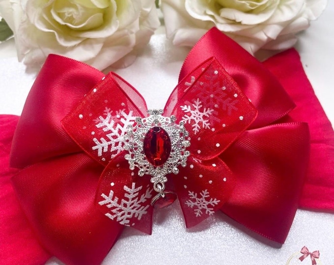Red Snowflake Christmas Bow Headband | Holiday Hair Clip