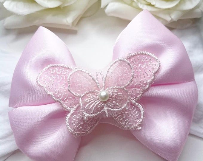 Baby Headband: Pink Satin Bow with Butterfly
