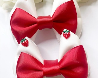 Strawberry Pigtail Bows: Red & White Hair Clips (Set of 2)