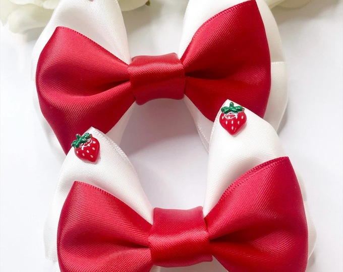 Strawberry Pigtail Bows: Red & White Hair Clips (Set of 2)