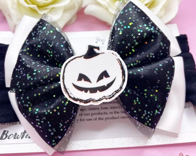 White & Black Halloween Bow Pumpkin Hair Clip or Headband