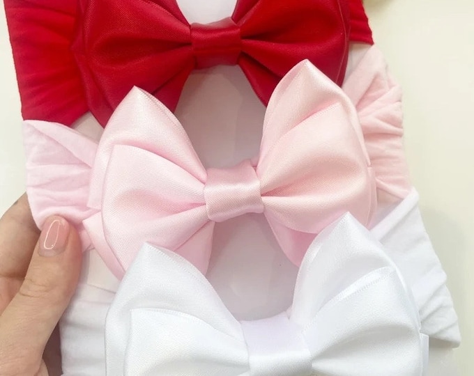 Baby Girl Bow Headband Set: Red, Pink & White Nylon Hair Accessories