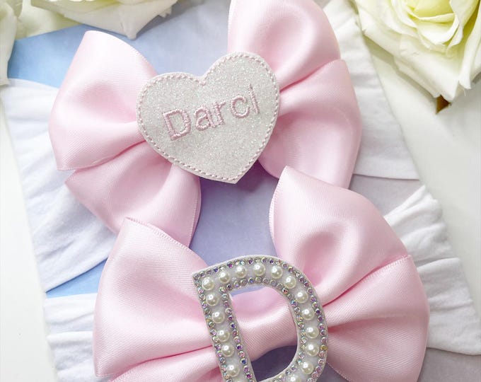 Personalized Baby Headband Set: Pearl Initial Bows, Newborn Accessory