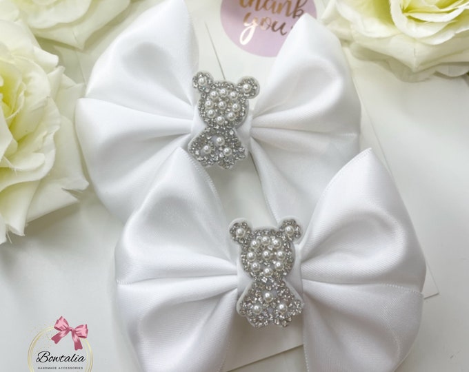 White Hair Bow Clips: Pearl Bear Pigtail Handmade Bows (Set of 2)