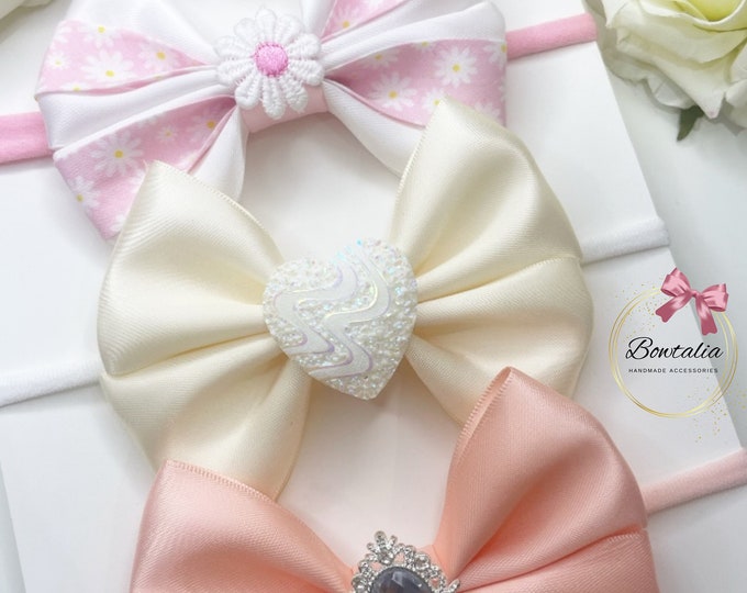 Baby Bow Headband Bundle: Daisy, Glitter Heart, Silver Embellishment